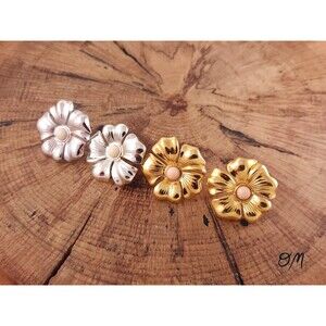 Vtg Avon Polished Blossoms Gold/Pink & Silver/Cream Stud Earrings - Set of 2